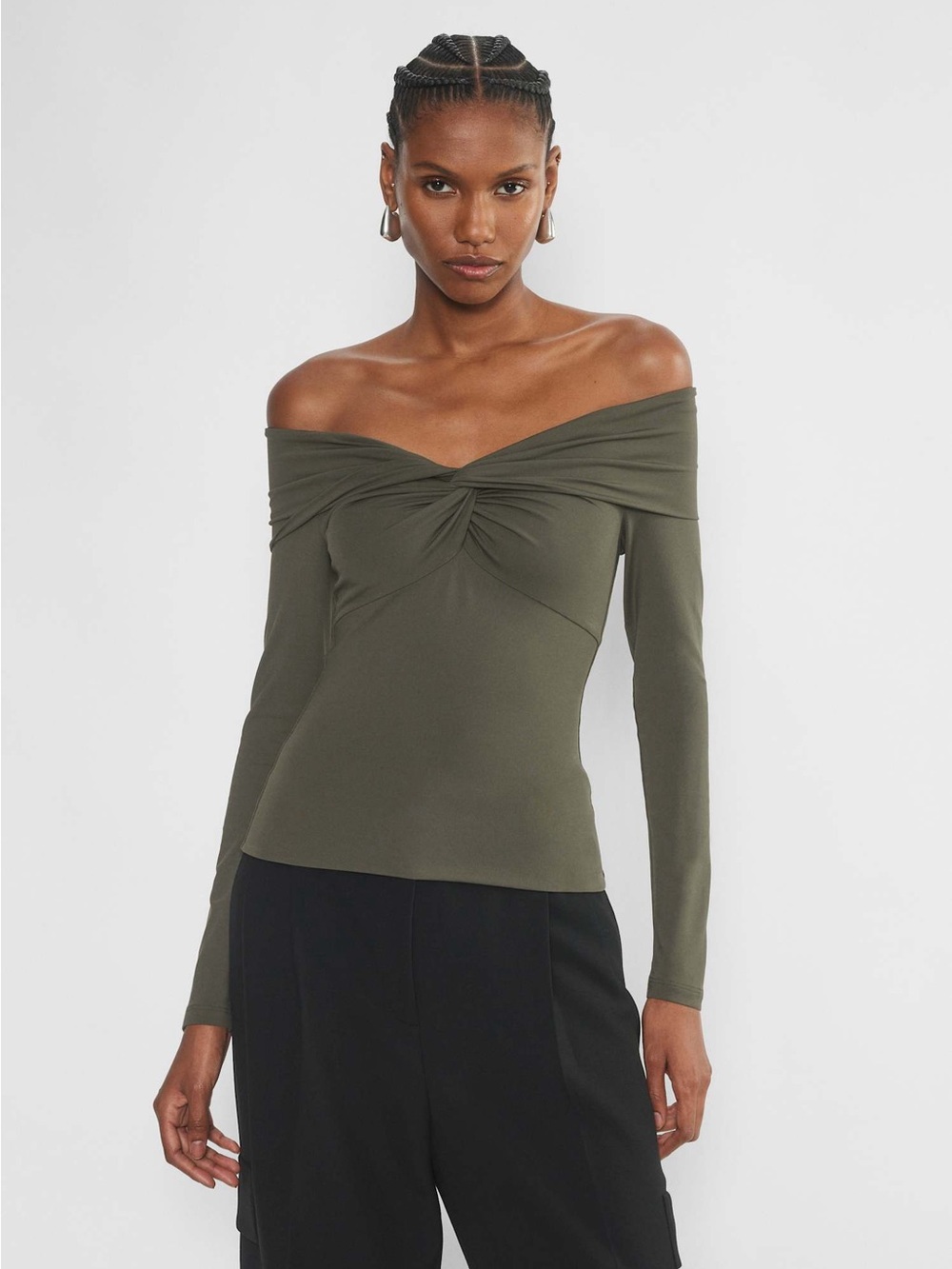 Aritzia Contour Twist Off Shoulder Long Sleeve Top Dark Olive Women’s M